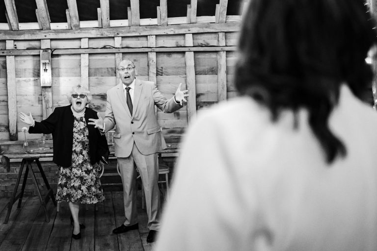 Fun first look with dad on wedding day at Southlands Barn