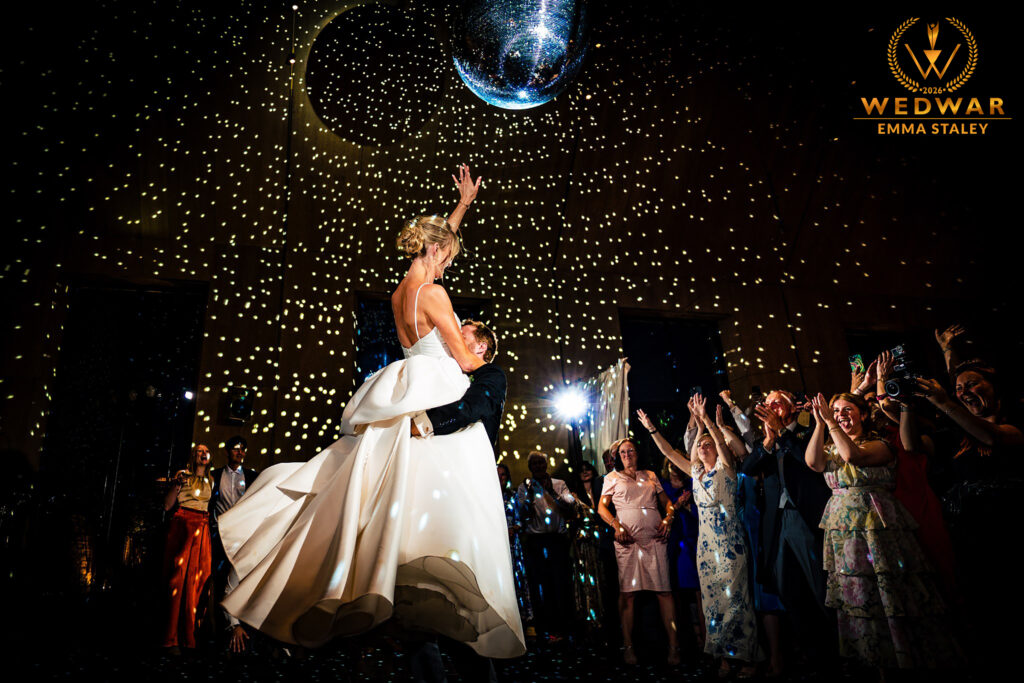 First dance moment with disco ball dorfold hall