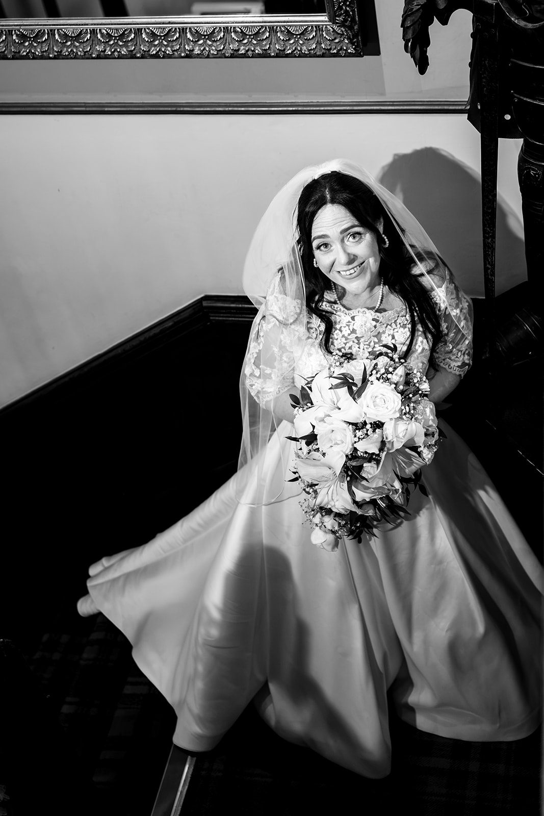 Black and white bridal portrait at Farnham House Hotel, Surrey