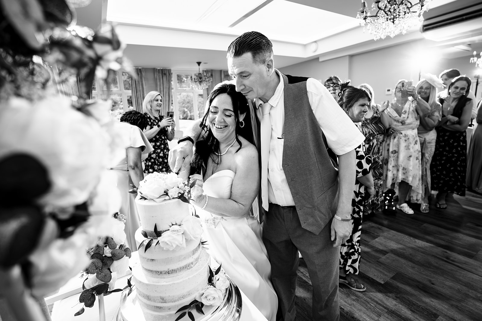 Black and white first dance at Farnham House Hotel, Surrey