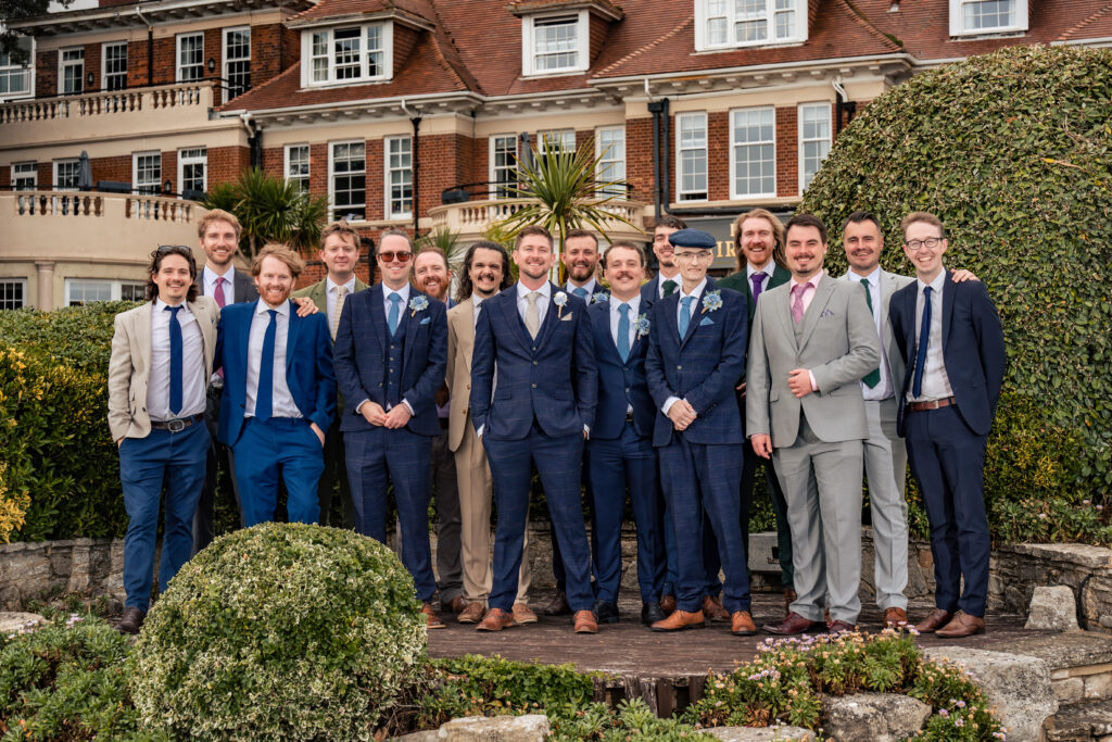 Groom with his groomsmen outside Hotel Miramar Bournemouth