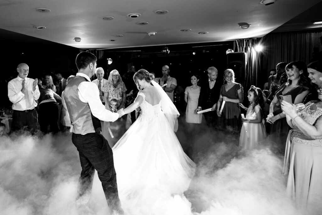 First dance on a cloud of dry ice at Hotel Miramar Bournemouth, black and white