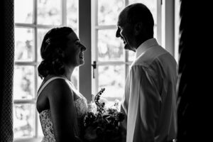 Bride and groom's first look at The Master Builder's, Buckler's Hard, Beaulieu