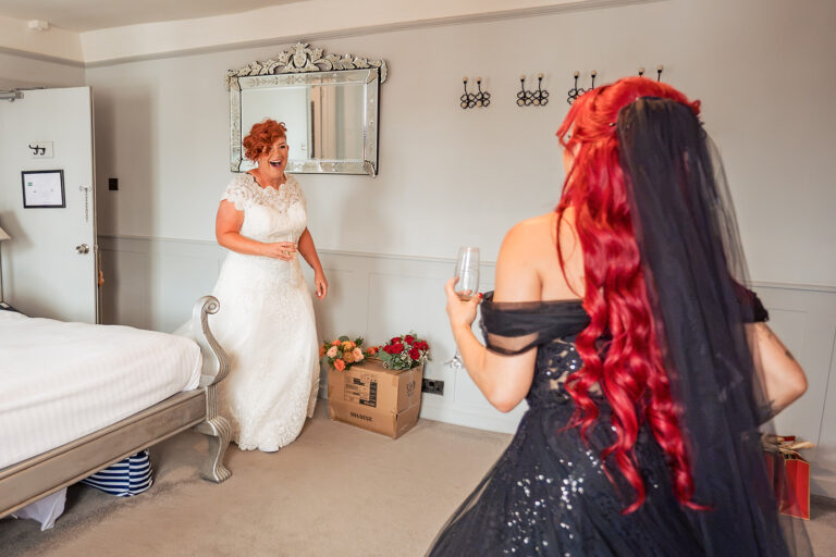 Two brides together before their wedding at The Elephant at Pangbourne, Berkshire