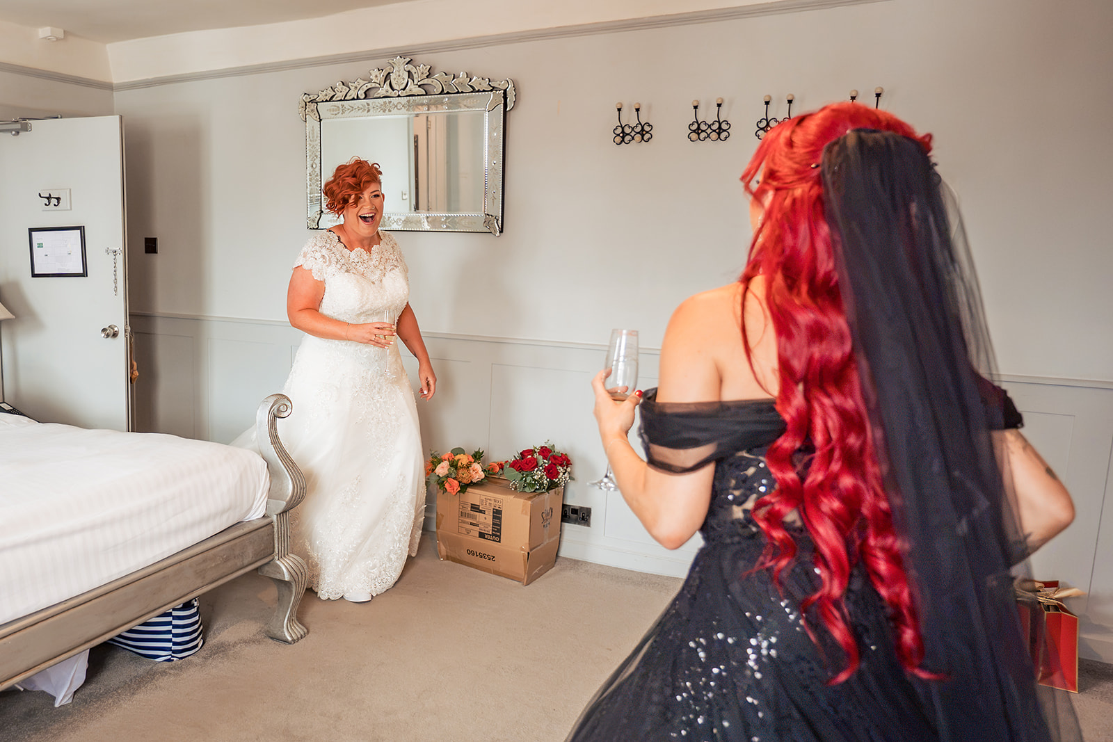 Two brides together before their wedding at The Elephant at Pangbourne, Berkshire