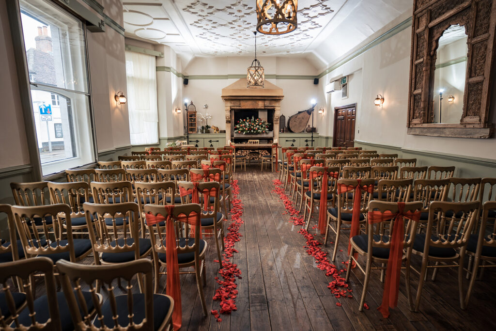 Wedding ceremony room set up at The Elephant at Pangbourne, Berkshire