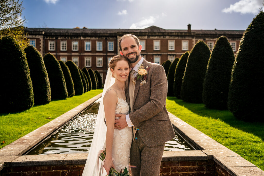 Bride and groom in the gardens at the Winchester Military Museums gardens, Hampshire