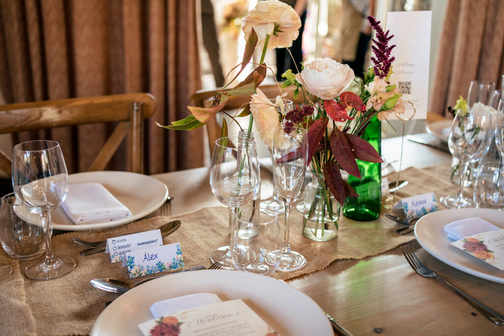 Wedding table details at Kimbridge Barn, Test Valley, Hampshire