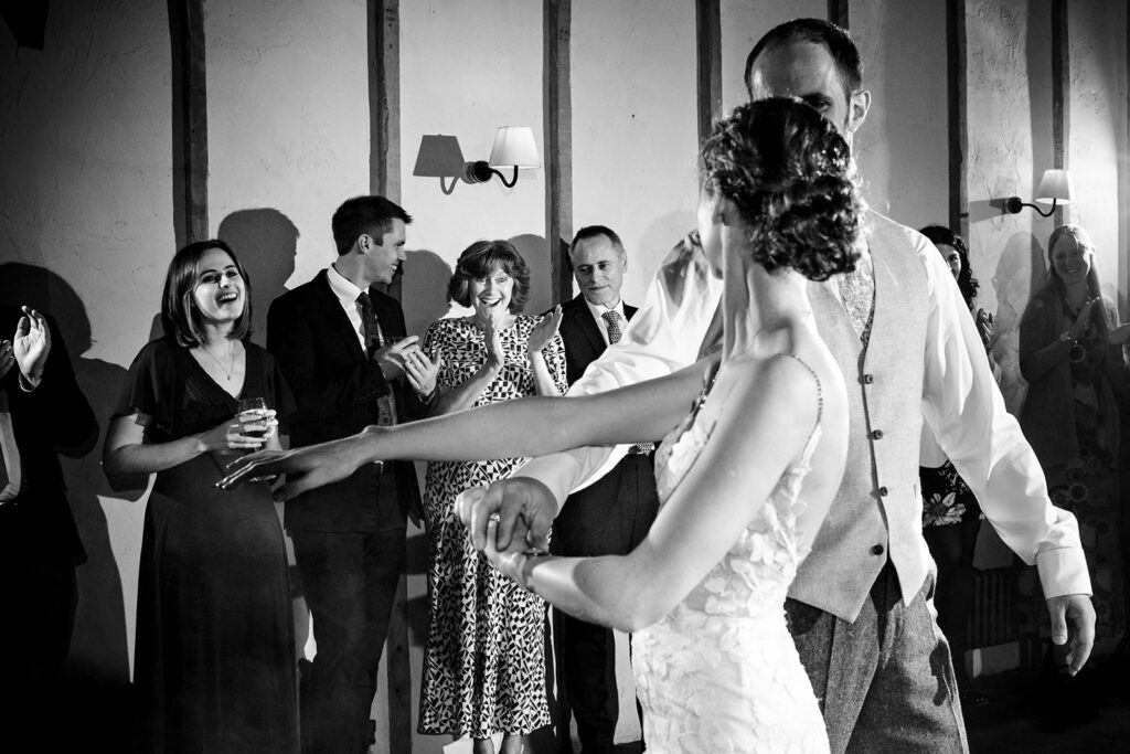 First dance, black and white, at Kimbridge Barn, Test Valley, Hampshire