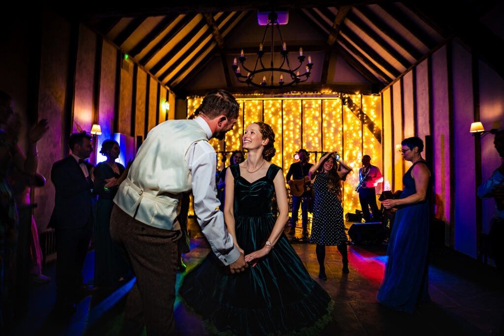 Dancefloor party in the barn at Kimbridge Barn, Test Valley, Hampshire