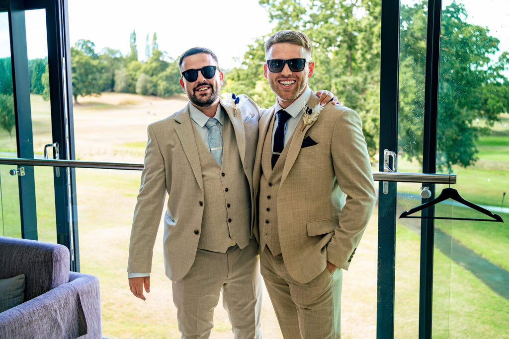 Groom and groomsmen in sunglasses at Old Thorns Hotel and Resort, Liphook