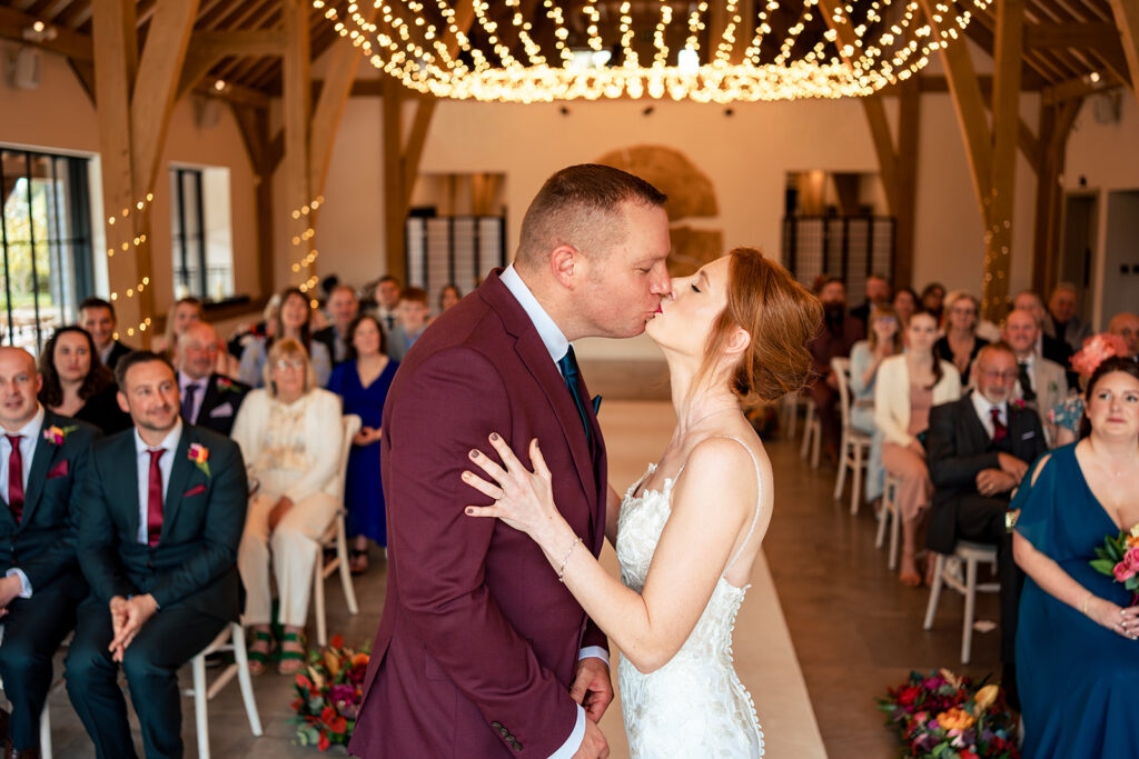 First kiss under the hanging lights at The Post Barn, Newbury