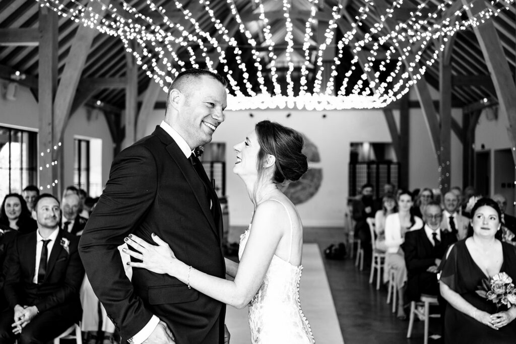 Just married, black and white at The Post Barn, Newbury