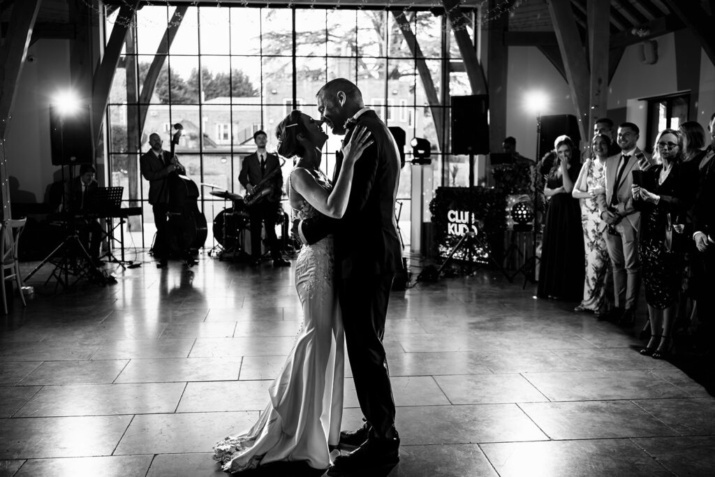 First dance, black and white at The Post Barn, Newbury