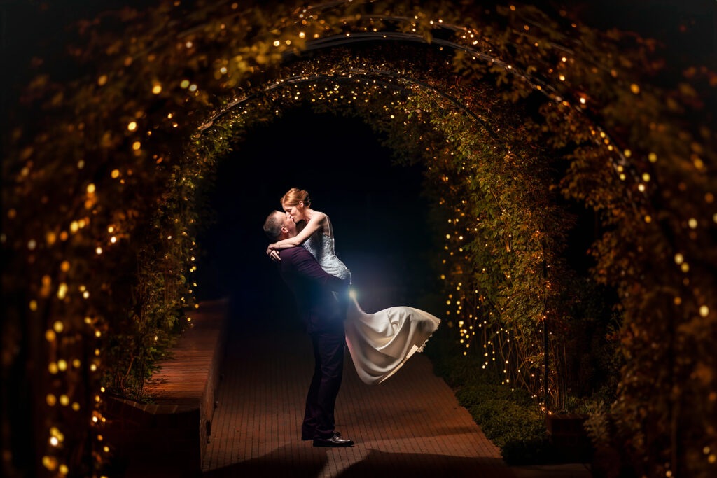 Lift under the fairy light tunnel at The Post Barn, Newbury
