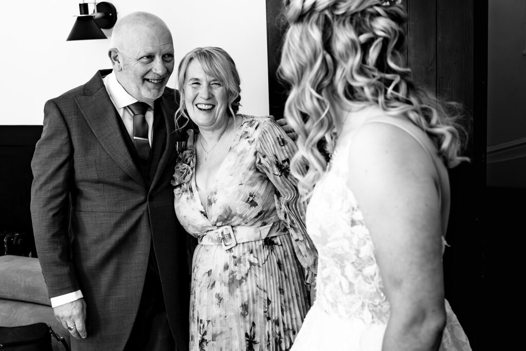 Bride and her dad, black and white at Royal Military Academy Sandhurst