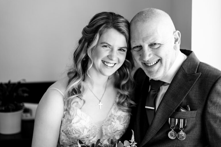 Bride and her dad, black and white at Royal Military Academy Sandhurst