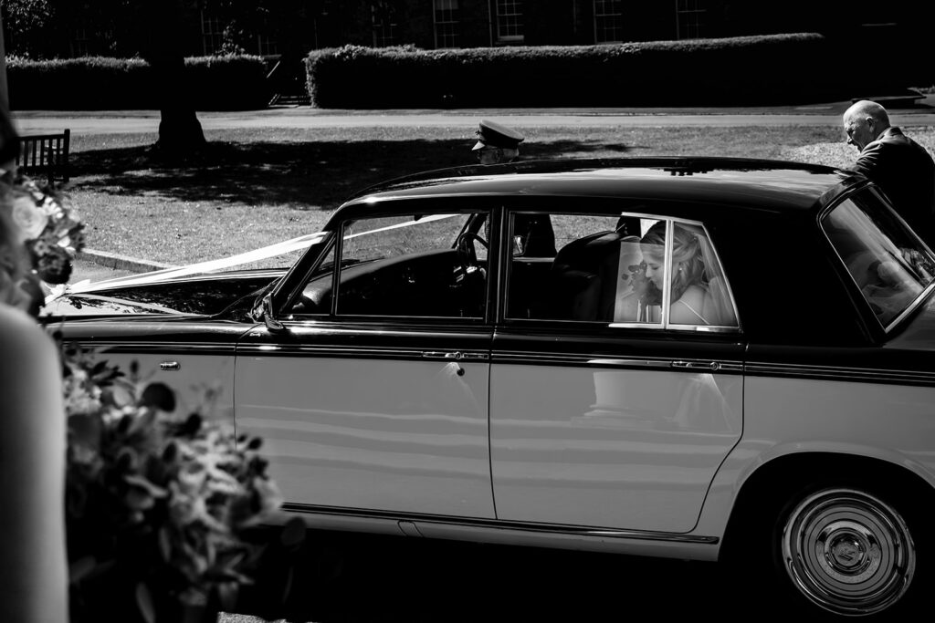 Vintage wedding car at Royal Military Academy Sandhurst