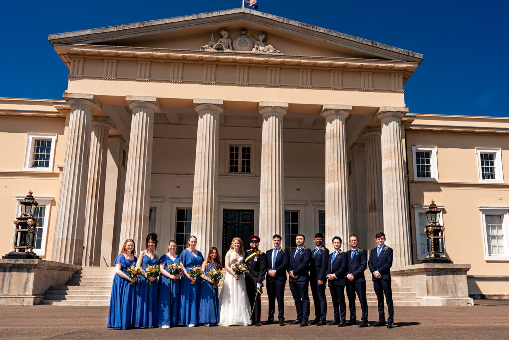 Old College at Sandhurst with the wedding party at Royal Military Academy Sandhurst