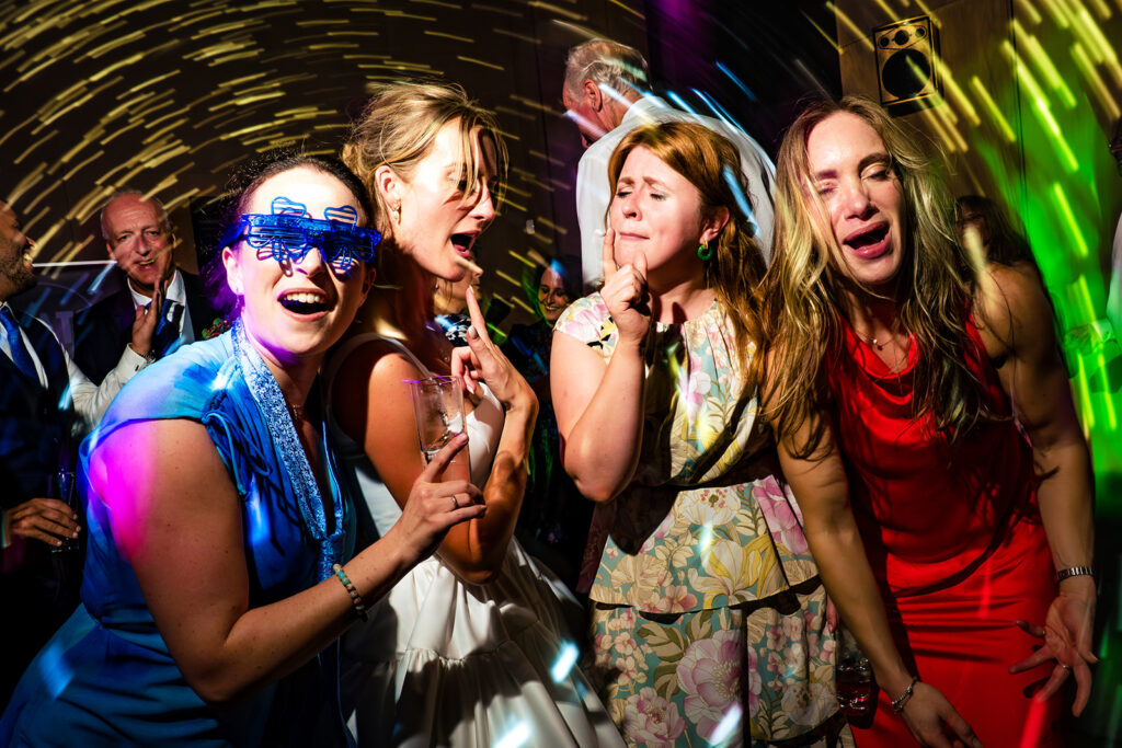 Dancefloor fun with colourful lights at Dorfold Hall, Cheshire