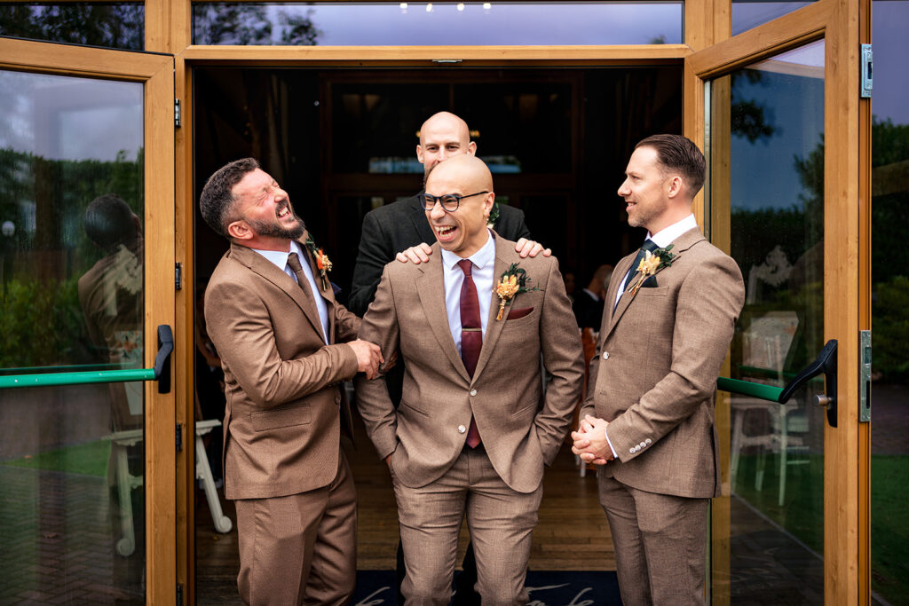Groom and groomsmen in tweed suits at Skylark Golf and Country Club, Whiteley