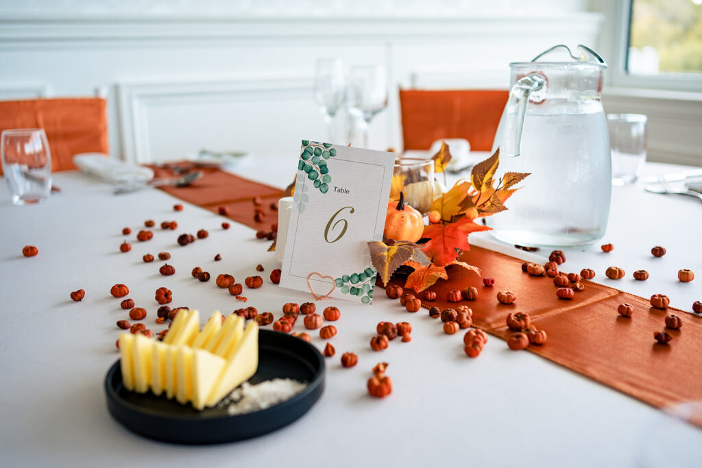 Autumn table decor in burnt orange at Skylark Golf and Country Club, Whiteley