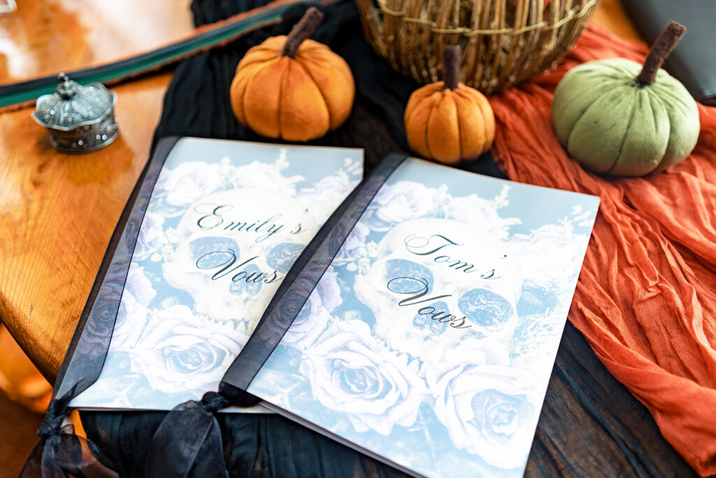 Pumpkins and spooky wedding details at Halloween micro wedding, Southampton