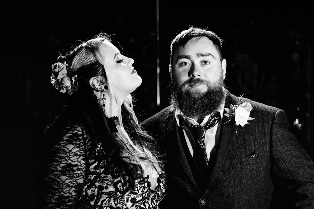 Couple portrait, black and white at Halloween micro wedding, Southampton