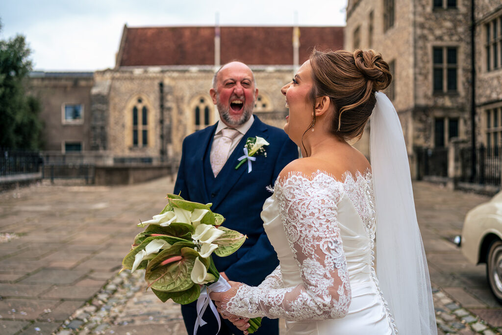 Bride arriving outside the register office at Winchester Register Office