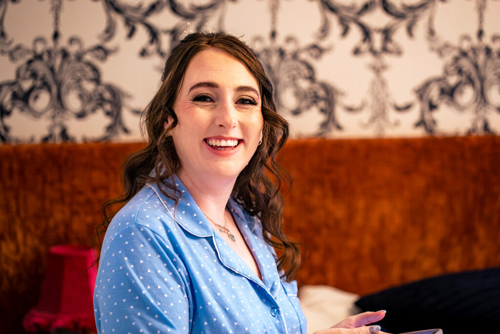 Bride smiling during getting ready in Southsea