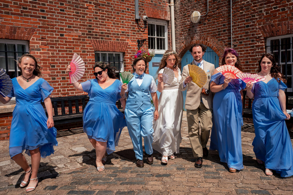 Bridal party in blue outside