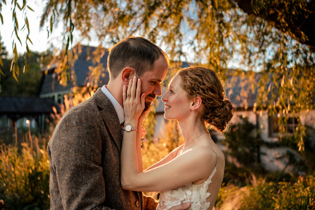 Golden hour embrace under a willow tree