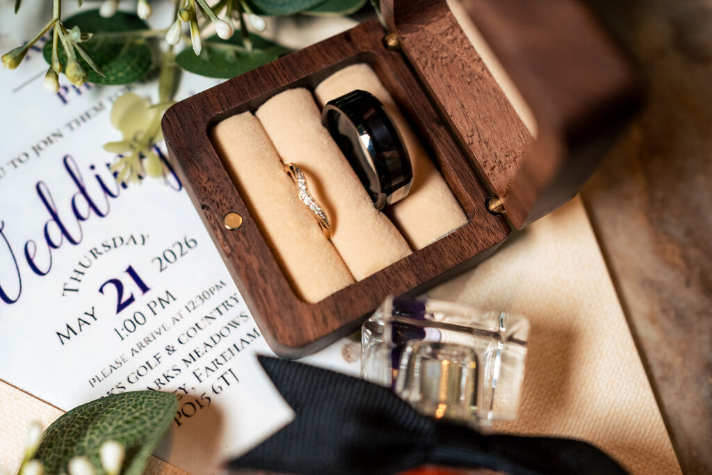 Wedding rings in a wooden box at Skylark Golf and Country Club, Whiteley