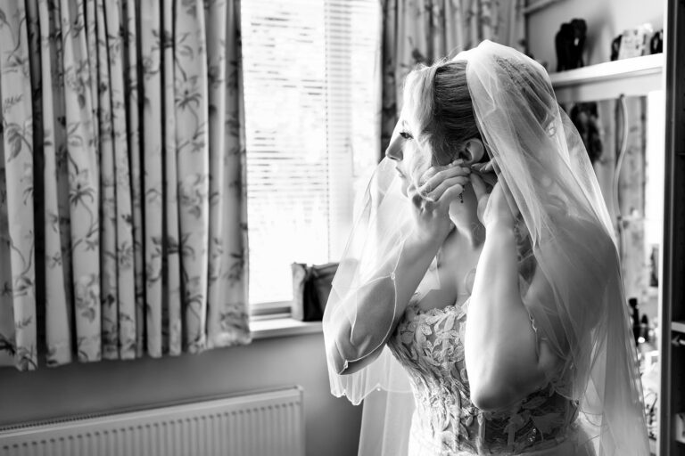 Bride getting ready, black and white at Skylark Golf and Country Club, Whiteley