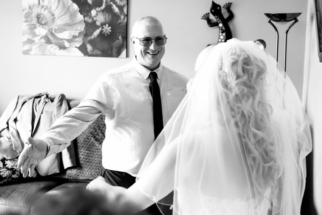 Dad seeing Amber in her dress, black and white at Skylark Golf and Country Club, Whiteley