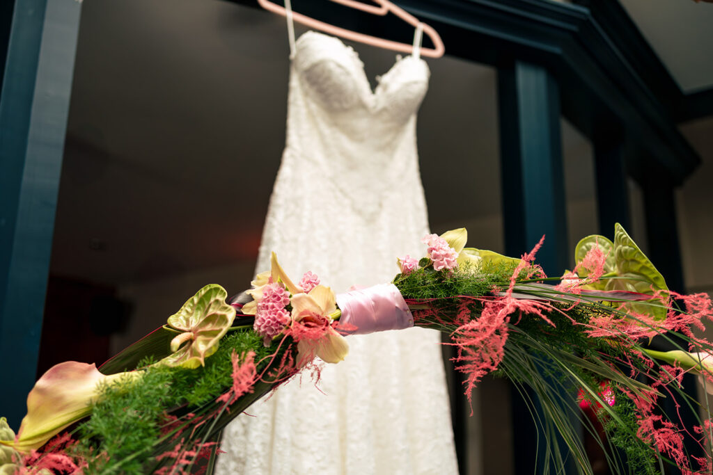 Dress and bouquet detail at Ashbys and Southsea Castle, styled shoot