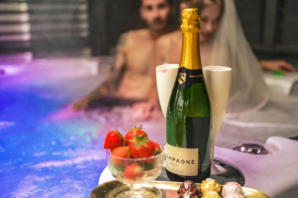 Champagne and strawberries by the hot tub at Ashbys and Southsea Castle, styled shoot