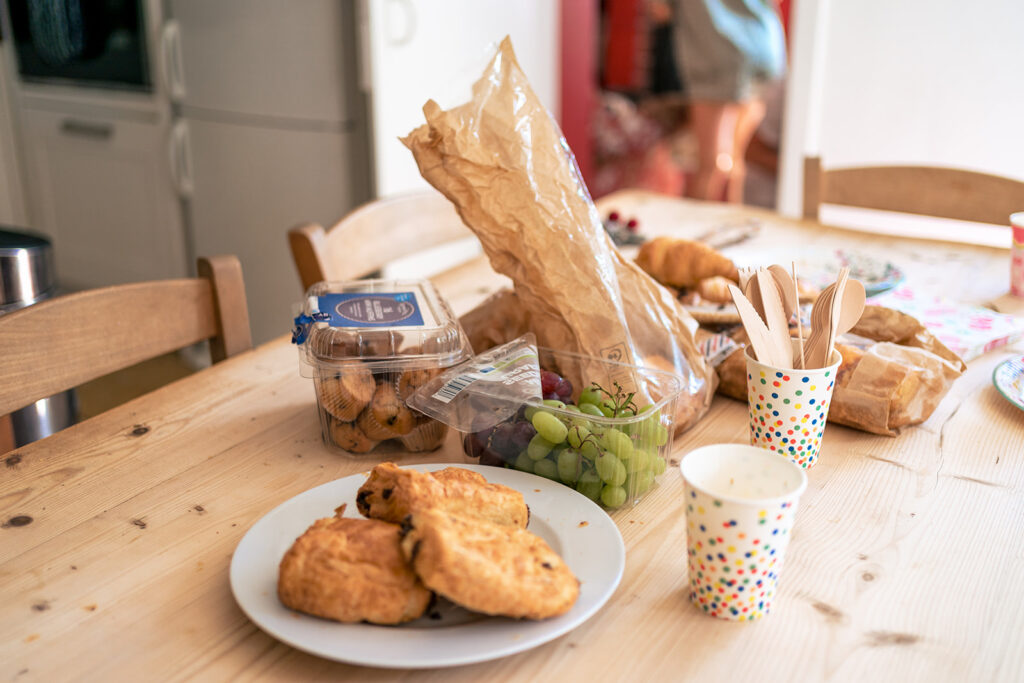 Wedding breakfast pastries on a rustic table at Tournerbury Woods Estate, Hayling Island