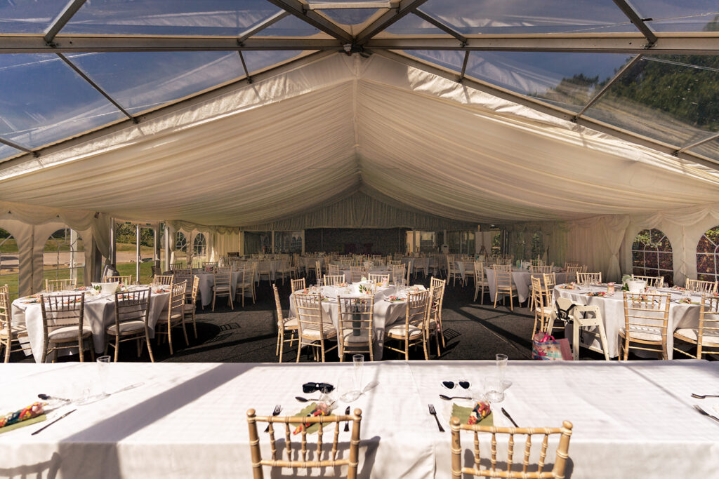 Fairy-lit marquee set up for the reception at Tournerbury Woods Estate, Hayling Island