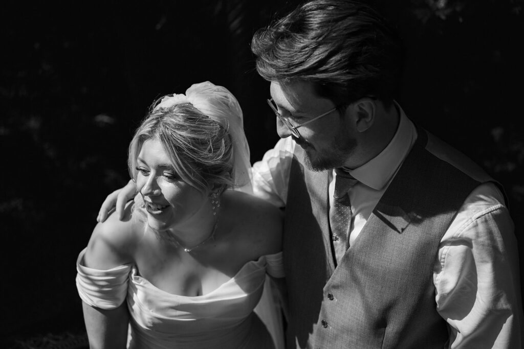 Bride and groom close up, black and white at Tournerbury Woods Estate, Hayling Island