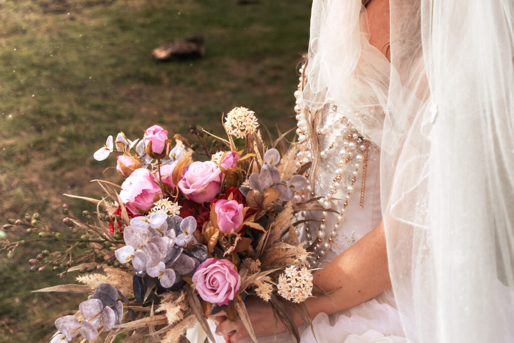 Dried flower bouquet detail at Butser Hill, Wuthering Heights styled shoot