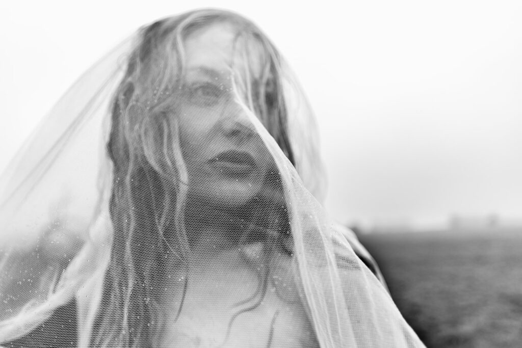 Veil portrait in the mist, black and white at Butser Hill, Wuthering Heights styled shoot